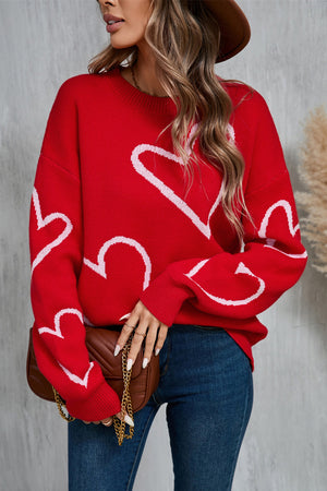 Heart Dropped Shoulder Long Sleeve Sweater