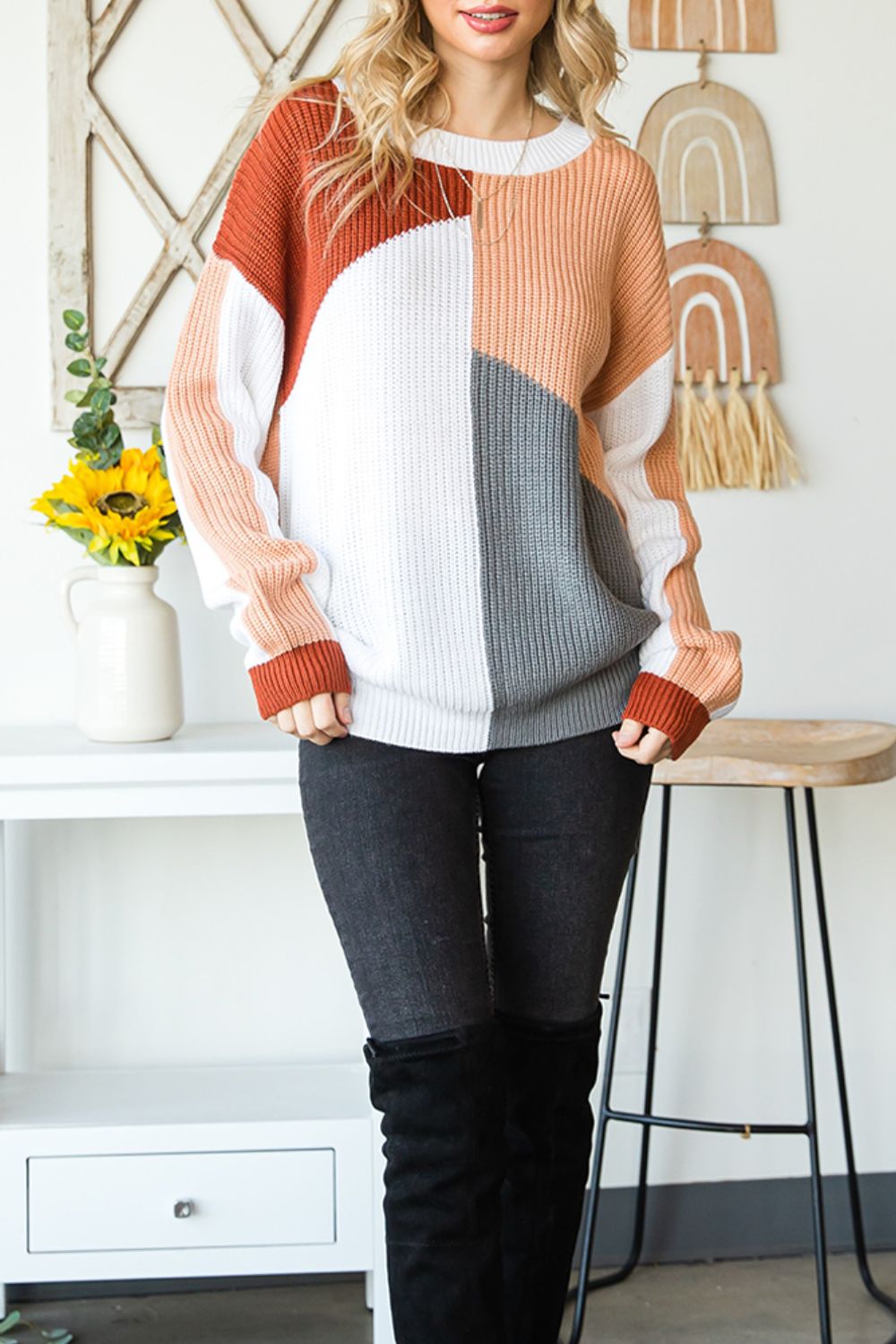 Color Block Drop Shoulder Long Sleeve Sweater