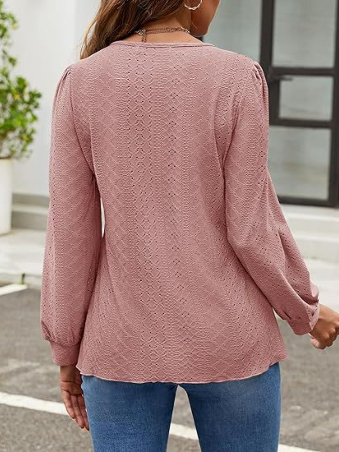 Eyelet Round Neck Long Sleeve Top