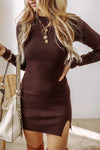 Slit Mock Neck Long Sleeve Wrap Sweater Dress